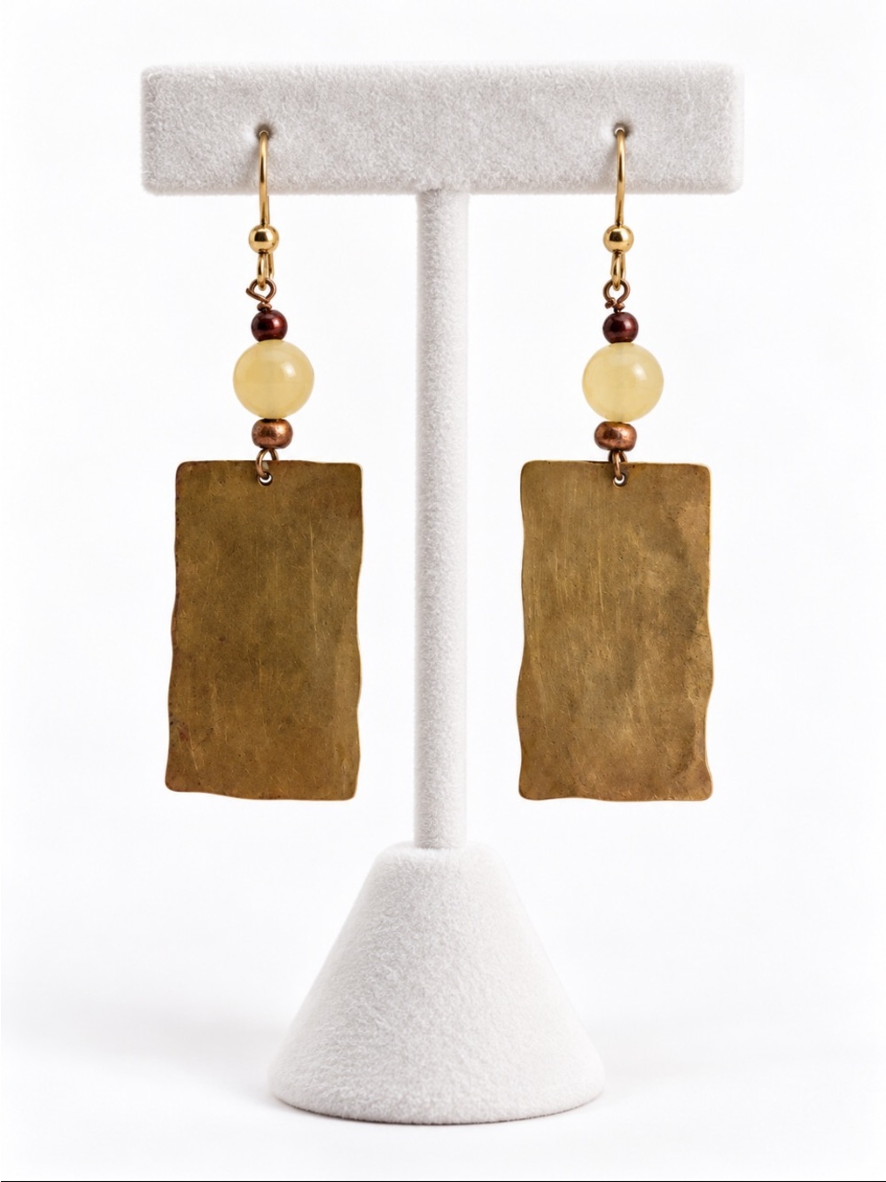 Boho Antiqued Brass-Tone Rectangle & Pale Yellow Beaded Dangle Earrings